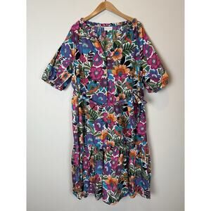 Sugarlips 2X Dress Colorful Floral Short Puff Sleeve Drop Waist Button Front 2XL